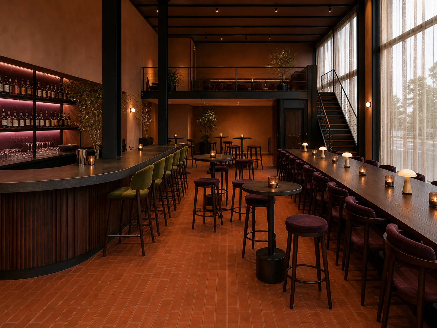 The empty Full Venue set with cocktail tables between the bar and Long Table.