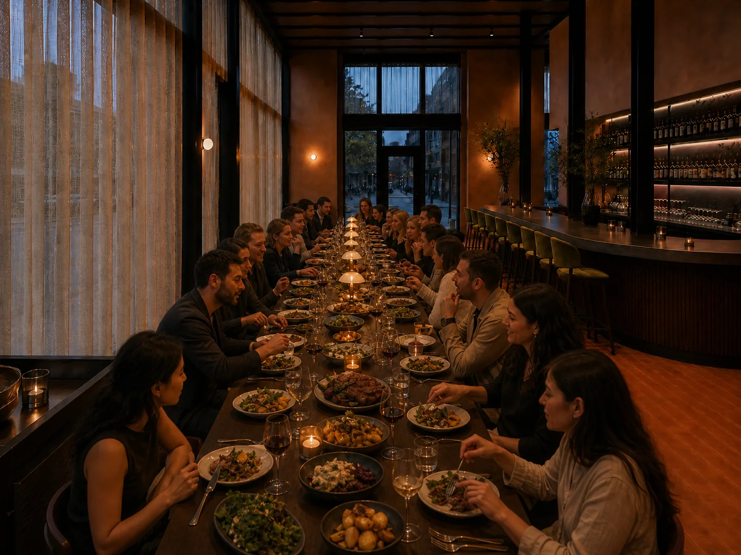 Guests sharing dinner at the Long Table beside the eastern windows.