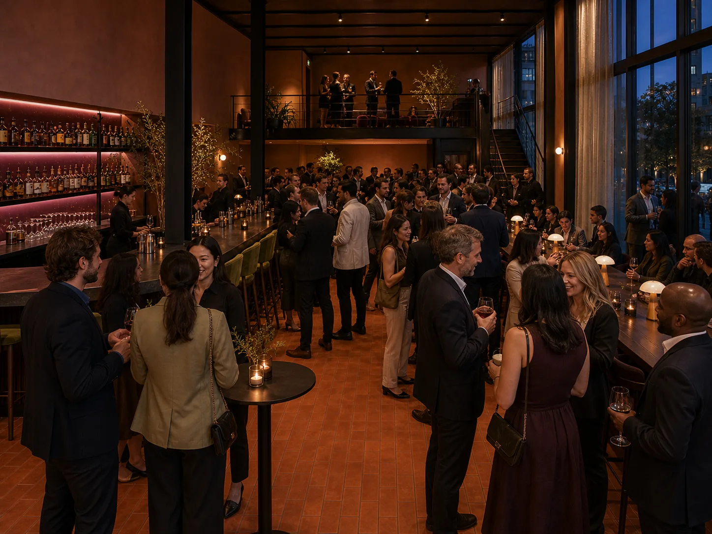 A cocktail event across the Full Venue and rear mezzanine.