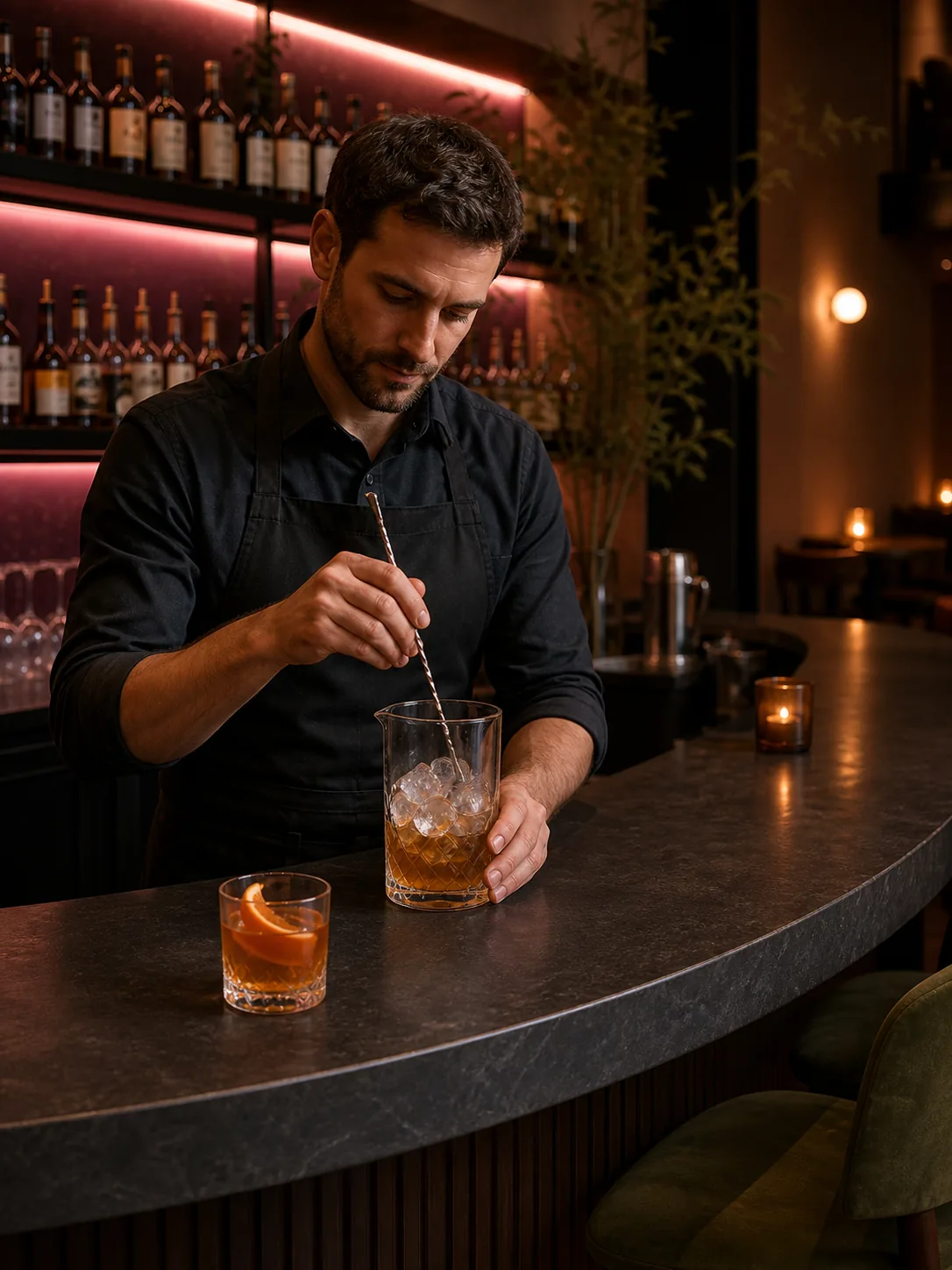 A bartender stirring an Ember Cut behind the curved timber bar.