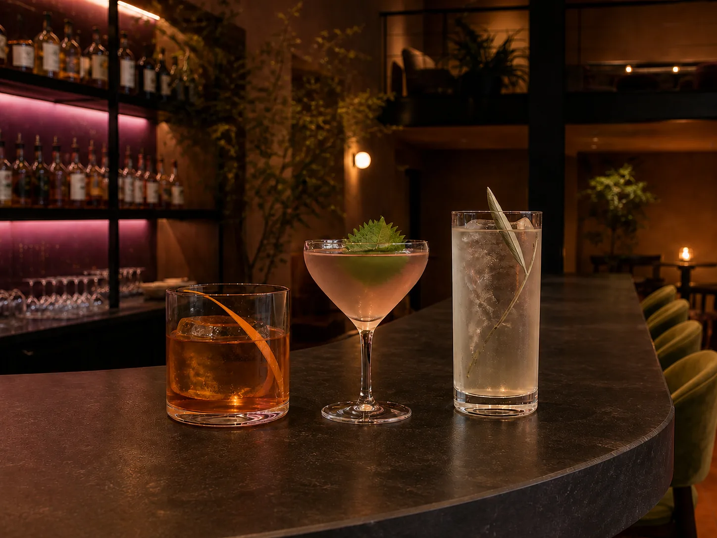 Ember Cut, Plum Service and Blue Hour Highball on the charcoal bar.